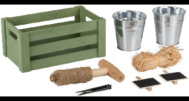 Kinzo Tuingereedschap Set - Tuinierset met Houten Tuinkist en 2 Metalen Plantenpotten - Tuinaccessoires Set voor Planten Verzorging - Kweekset Planten met Plantlabels Set - Groen