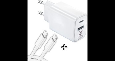 Dutch Quality® USB C Adapter - Oplader - Snellader Stekker - 20W - Geschikt voor smartphones, tablets, headphones, speakers, e-readers - Oplaadblok USB -Wit- inclusief oplader kabel 1 meter van USB-C naar USB-C