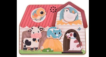 LUNA Houten Geluidspuzzel Boerderijdieren – 5 Geluidsstukken (Koe, Kip, Kat, Hond & Vogel) – Peuter Puzzel 12m+