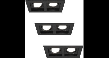 HOFTRONIC - Set van 3 Fresno Dubbele Inbouwspots - Rechthoek - 2x GU10 - 6000K Daglicht wit - 10 Watt 800 lumen - Kantelbaar - IP20 stofdicht - Zwart