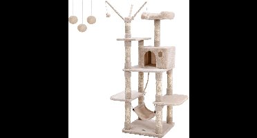 Klimboom_ stabiele krabpaal met hangmat_hol_154 cm_ rookgrijs_beige_lichtgrijs