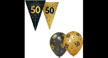 Feestpakket 50 jaar Abraham Zwart / Goud – Vlaggenlijn 10 meter + 6 Ballonnen – Golden Celebrations - Versiering Slinger Feestdecoratie Decoratie Verjaardag Jubileum Ballon Feest
