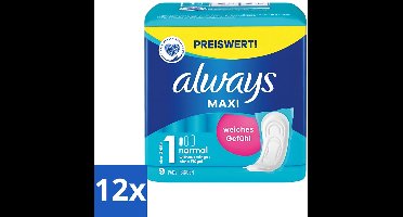 12 x Always Maxi - Maandverband - Maat 1 - Normal - 9 Pads - Maandverband - Menstruatie - Absorptie - Comfort - Betrouwbaar