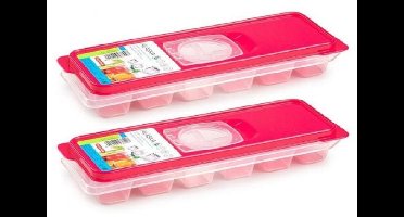 PlasticForte IJsblokjesvorm met deksel - 2x - 12 ijsklontjes - kunststof - fuchsia roze - ijsblokjes maken