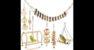 8-delige Papegaai Speelgoed Set – Houten Kauwspeelgoed & Trainingsaccessoires – Inclusief Schommel, Bel, Klimtouw & Standaard – Interactief Vogel Speelgoed voor Papegaaien & Parkieten