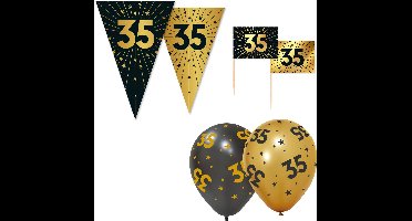 Feestpakket 35 jaar Zwart / Goud – Vlaggenlijn 10 meter + 6 Ballonnen + 50 Prikkers – Golden Celebrations - Versiering Slinger Feestdecoratie Decoratie Verjaardag Jubileum Ballon Feest