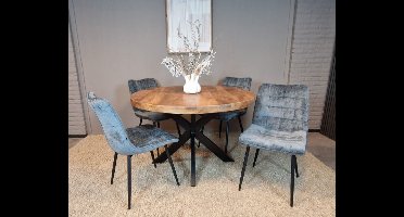 Meubelplaats Combideal Lucille: ronde eettafel Mangohout 120 cm met 4 Lucille eetkamerstoelen - Stof perfect harmony - Petrol - Eethoek - eetkamerset - eettafel met stoelen