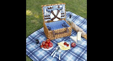 Rieten picknickmand voor 4 personen met bestek, borden en wijnglazen - Picnic Hamper - Incl. Waterdicht Gewatteerd Picknickkleed - Rieten Mand