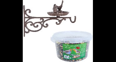 Wand vogel voederbak/drinkbak met haak gietijzer 35 cm inclusief 4-seizoenen energy vogelvoer - Vogel voederstation