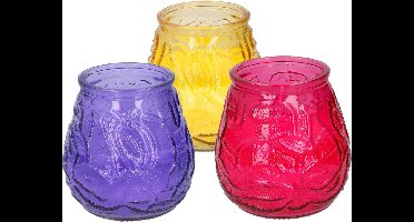 Arti Casa 6x stuks Citronella Lowboy tafelkaarsen 10 cm geel-rood-paars glas