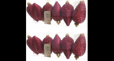 Decoris Kersthangers dennenappels - 12x - donkerrood - glitter - 8 cm - kunststof - kerstversiering