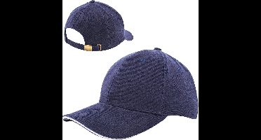 6 Panel Cap van zwaar geborsteld katoen met koperen bucklesluiting - Donkerblauw / wit