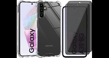 Hoesje geschikt voor Samsung Galaxy A35 - 2x Privacy Screenprotector Volledig Dekkend Glas - Shockproof Transparant