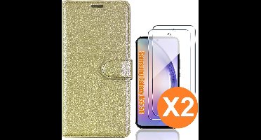 Hoesje geschikt voor Samsung Galaxy A55 5G hoesje bookcase Goud - Met screenprotector tempered glass voor Galaxy A55 - 2x