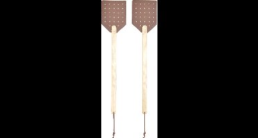 Esschert design Vliegenmepper - 2x stuks - hout/leer - bruin - 52 cm - vliegen vangen
