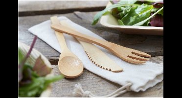 New Age Devi - "Herbruikbare bamboe bestekset - ideaal voor BBQ, camping en strand - bevat vork, mes, lepel + Handig opbergzakje"