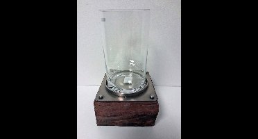 Windlicht - 20x42cm - Blok - industrieel - Glas - RVS - Hout Ø 15cm.