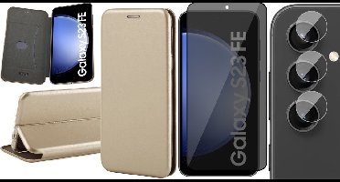Hoesje geschikt voor Samsung Galaxy S23 FE - Privacy Screenprotector Volledig Dekkend Glas & Camera - Wallet Book Case Goud