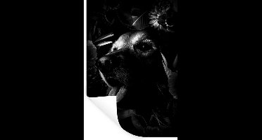 Muurstickers - Sticker Folie - Botanische hond op donkere achtergrond - zwart wit - 20x30 cm - Plakfolie - Muurstickers Kinderkamer - Zelfklevend Behang - Zelfklevend behangpapier - Stickerfolie