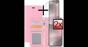 Hoesje - Met 2x Screenprotector - Geschikt voor Samsung Galaxy S24 - Luxe Pasjeshouder - Bookcase Portemonee - Flip Case - Kunstleer Book Case - Flipcase Hoes - Book Cover - Walletcase - Portemonneehoes - Lichtroze