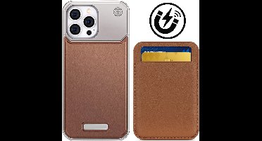 Metalen Aromatiserend Frame Hoesje + Pasjeshouder geschikt voor iPhone 16 Pro Max MagSafe – Luxe Lederen Case in je handpalm & Portemonnee Kaarthouder – Bruin