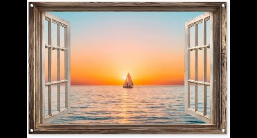Tuinposter 120x80 cm - Tuindecoratie Doorkijk - Zee - Boot - Zonsondergang - Poster voor in de tuin - Buiten decoratie - Schutting tuinschilderij - Tuindoek muurdecoratie - Wanddecoratie balkondoek