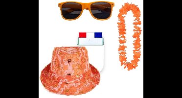 Oranje verkleed set koningsdag set hoed -bril - krans en schmink - 4 delig.
