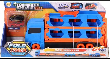 KiddyGo auto transporter speelgoed vrachtwagen met racebaan en 2 metalen auto's.