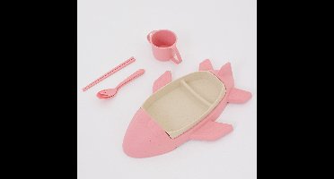 Kinderservies Set vliegtuig – Baby Servies – Peuterbord met Vakjes – 5-delige Eetset met Bestek, Beker & vliegtuigbord – Duurzaam Wheat Straw – BPA-vrij – Voertuigen Servies – Lunchset Kind – Cadeau voor Peuters & Kleuters – ROZE