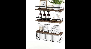 Boraboi® Moderne Houten Wandplank Set met Drie Roestvrije Zwevende Planken voor Extra Opslag in Huis