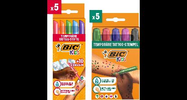 BIC Kids - Tijdelijke tattoo set voor kinderen - Set van 5 Markers, 10 Stencils, 5 Stempelstiften - Neptattoo - Veilig voor de huid