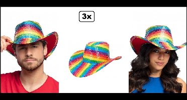 3x Hoed Party regenboog pailletten - Luxe rainbow cowboy hoed - Pride festival thema feest party fun