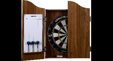 Houten Cabinet met Dartbord – Inclusief 6 Steeltip Pijlen, Whiteboard & Marker – Beschermt Muur en Dartbord – Wedstrijdbord – Bruin Hout Fineer – Longfield