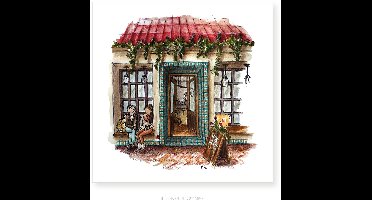 Koffietijd op wenskaart 12x12cm, illustratie van aquarel en fineliner