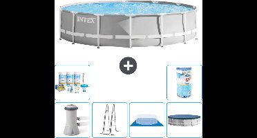 Intex Rond Prism Frame Zwembad - 427 x 107 cm - Grijs - Inclusief Pomp - Ladder - Grondzeil - Afdekzeil Onderhoudspakket - Filter