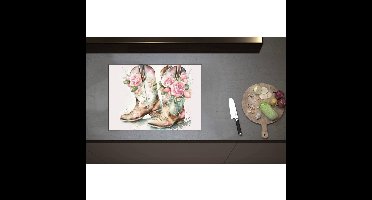 Inductieplaat Beschermer - Acryl Tekening van Cowboy Boots Versierd met Bloemen - 70x50 cm - 2 mm Dik - Inductie Beschermer - Bescherming Inductiekookplaat - Kookplaat Beschermer van Zwart Vinyl