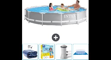 Intex Rond Prism Frame Zwembad - 366 x 76 cm - Grijs - Inclusief Solarzeil - Onderhoudspakket - Zwembadfilterpomp - Grondzeil