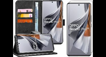 Hoesje geschikt voor Oppo Reno 10 / 10 Pro - Screenprotector Glas - Portemonnee Book Case Zwart