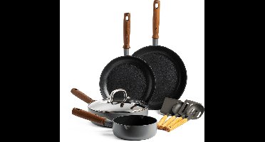 GreenPan Mayflower Pro keramische pannenset 9-delig - 16, 24 en 28 cm - inductie pannenset - inductie koekenpannenset - Koekenpan 24/28 cm - Hapjespan met deksel 24 cm - Steelpan 16 cm - 4 houten spatels - PFAS-vrij - grijs - houten handvat