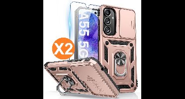 Hoesje Geschikt voor Samsung Galaxy A55 hoesje backcover Rose Goud met Met Draaibare Ring Houder en camera bescherming - Galaxy A55 Screenprotector - 2 stuks