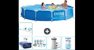 Intex Rond Frame Zwembad - 366 x 76 cm - Blauw - Inclusief Solarzeil - Onderhoudspakket - Zwembadfilterpomp - Filter - Schoonmaakset