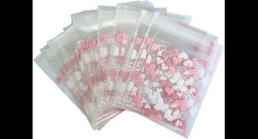 New Age Devi - Cellofaan Zakjes - 100x Uitdeelzakjes - Cellofaan Plastic Traktatie Kado Zakjes - Snoepzakjes - Hartjes Roze/Wit - 7x7cm