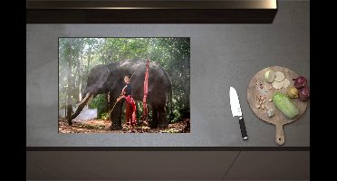 Inductieplaat Beschermer - Aziatische Vrouw bij Olifant in het Bos - 70x51 cm - 2 mm Dik - Inductie Beschermer - Bescherming Inductiekookplaat - Kookplaat Beschermer van Zwart Vinyl