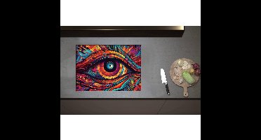 Inductieplaat Beschermer - Blauw Oog op Kleurrijk Gezicht - 70x50 cm - 2 mm Dik - Inductie Beschermer - Bescherming Inductiekookplaat - Kookplaat Beschermer van Zwart Vinyl