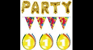 Folat - Verjaardag feestversiering 1 jaar PARTY letters en 16x ballonnen met 2x plastic vlaggetjes