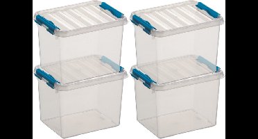 4x sunware q-line opberg box/opbergdoos - 3 liter - 20 x 15 x 14 cm - kunststof - opslagbox - transparant/blauw