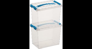 2x sunware q-line opberg box/opbergdoos - 9 liter - 30 x 20 x 22 cm - kunststof - opslagbox - transparant/blauw