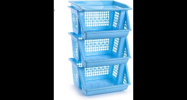 3x Blauwe opberg kratten/kasten/organizers 3 vakken 62 x 32 cm - Stapelbare manden/bakken om spullen in op te bergen