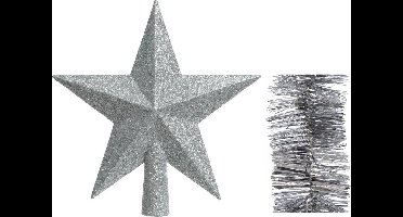 Kerstversiering kunststof glitter ster piek 19 cm en folieslingers pakket zilver van 3x stuks - Kerstboomversiering