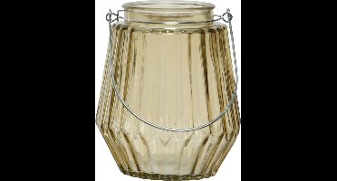 Decoris Waxinelichthouder - streepjes glas - taupe - metalen handvat - 11 x 13 cm